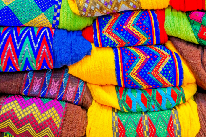 Textiles with colourful designs.