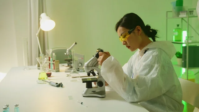 Female biotechnologist working on a microscope.